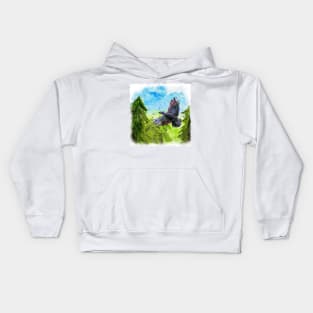 Happy Raven flying through the forest Kids Hoodie